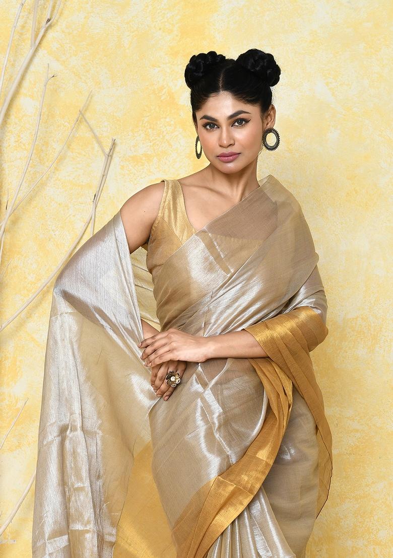 Silver Gold Solid Tissue Saree Set