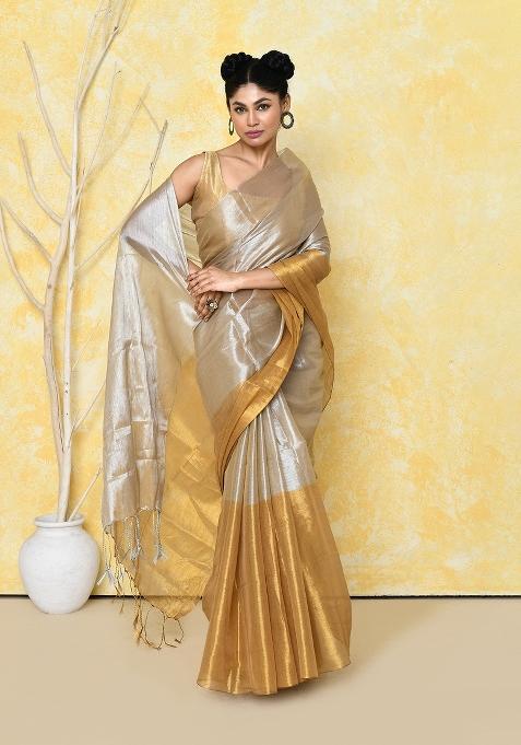 Silver Gold Solid Tissue Saree Set
