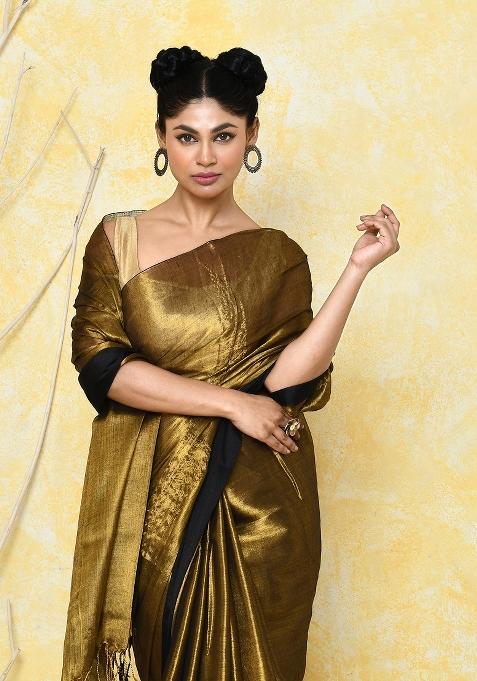 Gold Solid Tissue Saree Set