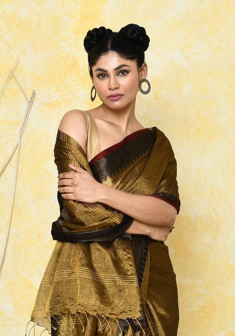 Gold Solid Tissue Saree Set