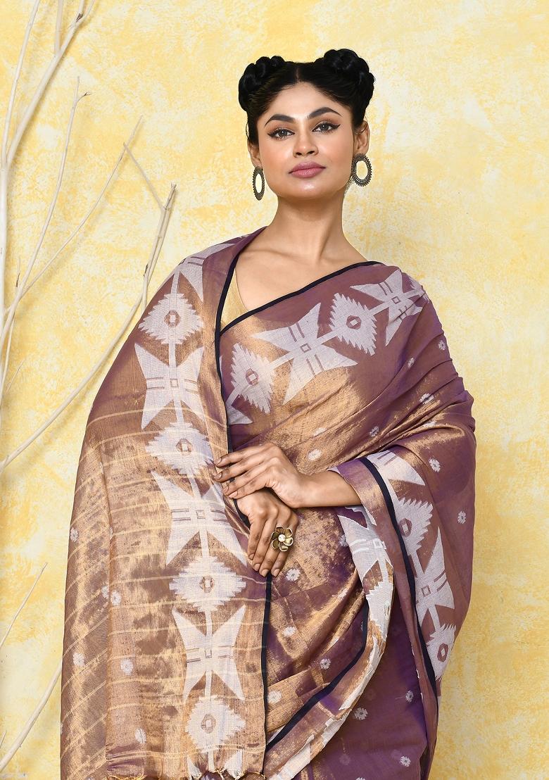 Gold Blue Embroidered Tissue Saree Set