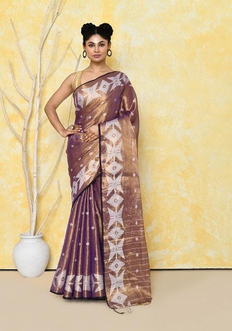 Gold Blue Embroidered Tissue Saree Set — view on Indya