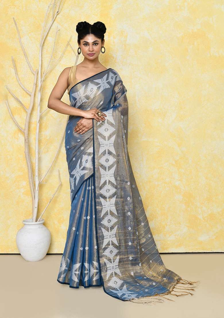 Turquoise Tissue Saree Set with Embroidered for Diwali | Wedding & Festive Wear - Indya