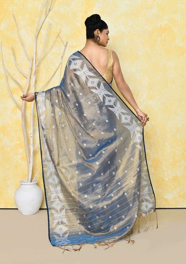 Turquoise Tissue Saree Set with Embroidered for Diwali | Wedding & Festive Wear - Indya