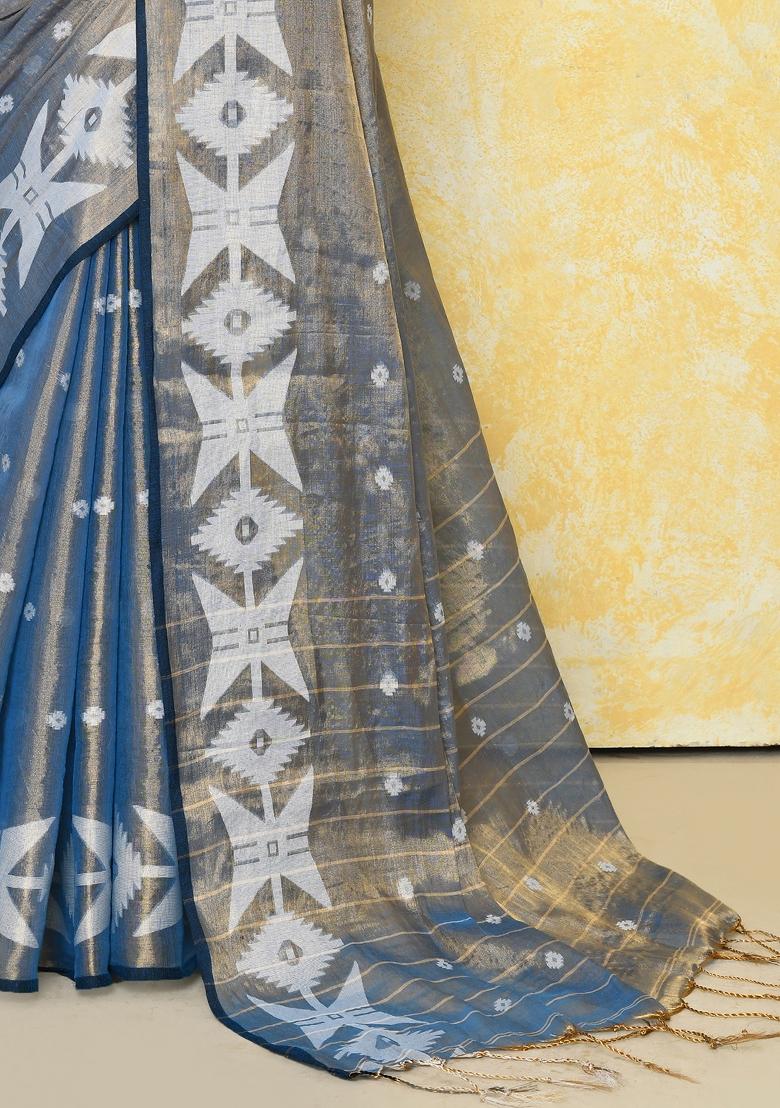 Turquoise Embroidered Tissue Saree Set