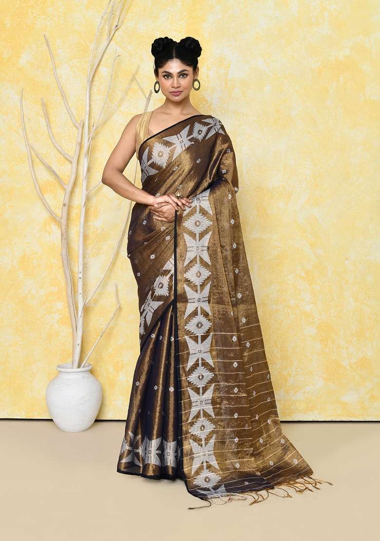 Gold Tissue Saree Set with Embroidered for Diwali | Wedding & Festive Wear - Indya