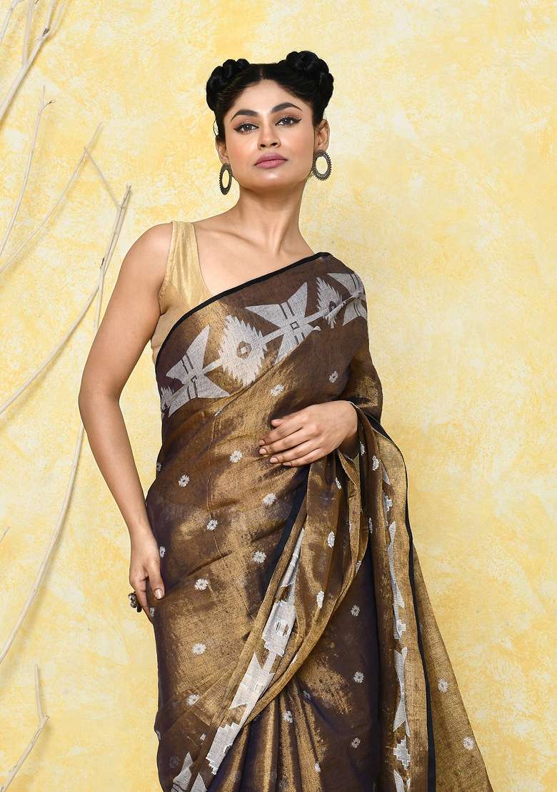 Gold Tissue Saree Set with Embroidered for Diwali | Wedding & Festive Wear - Indya