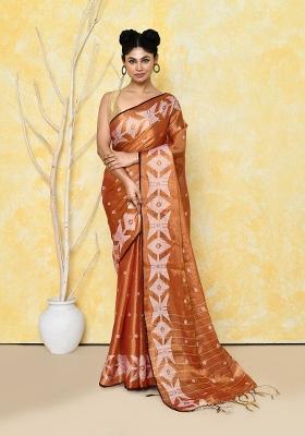 Orange Embroidered Tissue Saree Set