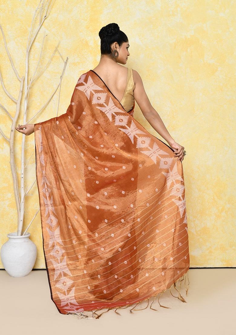Orange Embroidered Tissue Saree Set