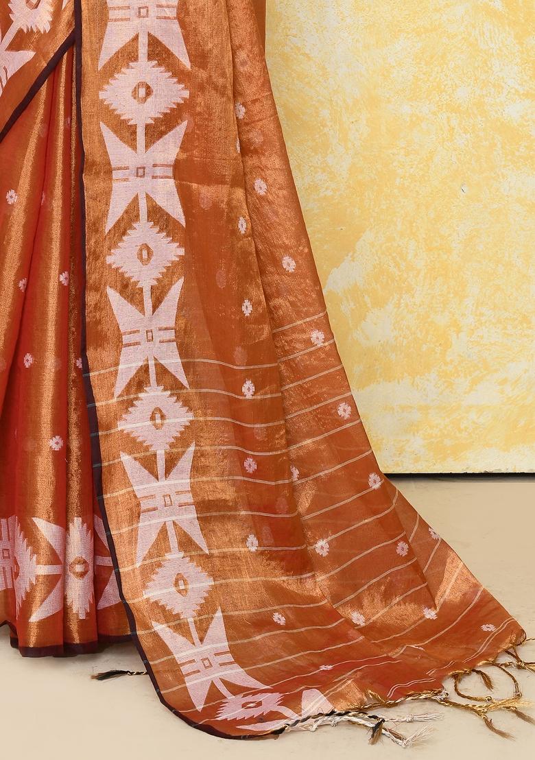 Orange Embroidered Tissue Saree Set