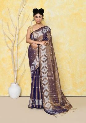Gold Blue Embroidered Tissue Saree Set