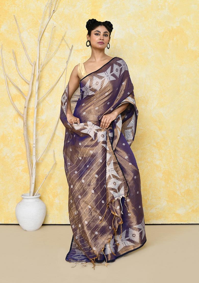 Gold Blue Embroidered Tissue Saree Set