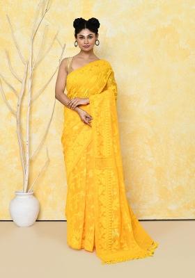 Yellow Embroidered Cotton Silk Saree