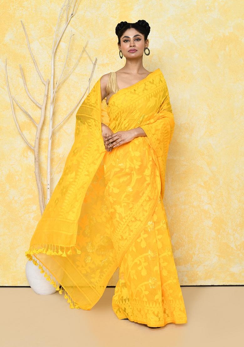Yellow Embroidered Cotton Silk Saree