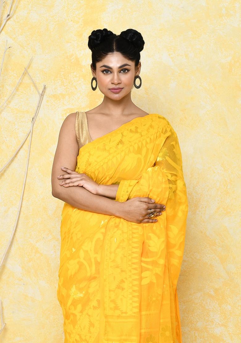 Yellow Embroidered Cotton Silk Saree