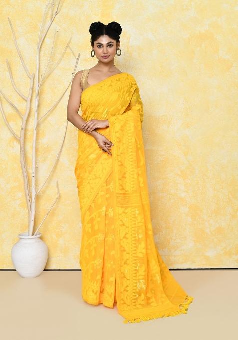 Yellow Embroidered Cotton Silk Saree