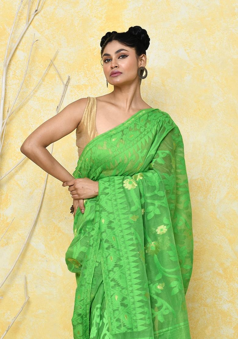 Green Embroidered Cotton Silk Saree
