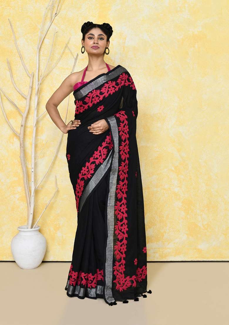 Black Embroidered Cotton Saree Set for Diwali and Festive Wear - Indya
