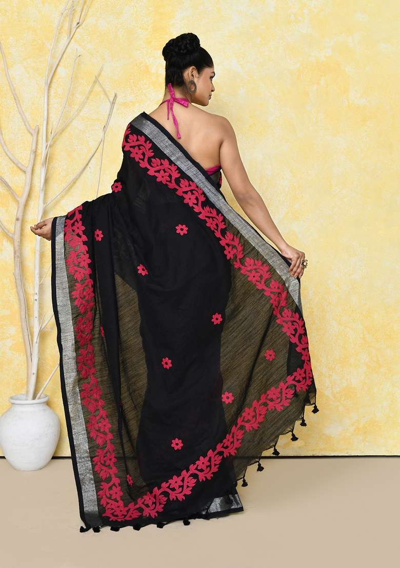 Black Embroidered Cotton Saree Set for Diwali and Festive Wear - Indya