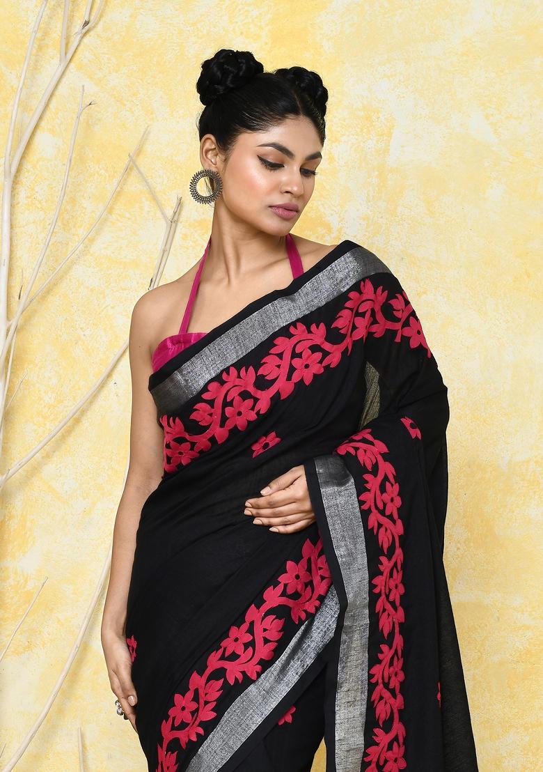 Black Embroidered Cotton Saree Set