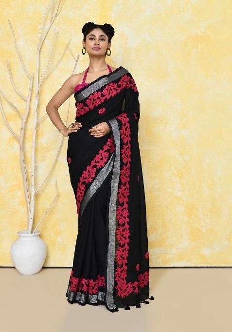 Black Embroidered Cotton Saree Set