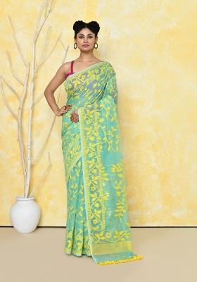 Light Turquoise Embroidered Cotton Silk Saree