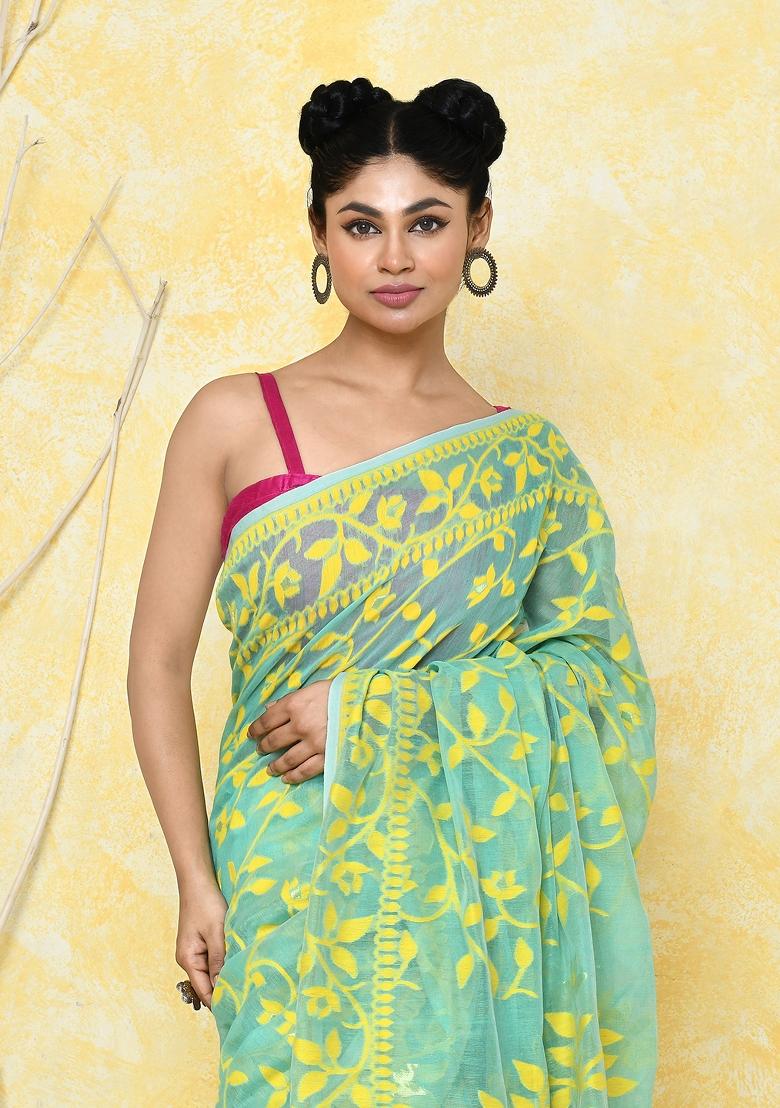 Light Turquoise Embroidered Cotton Silk Saree