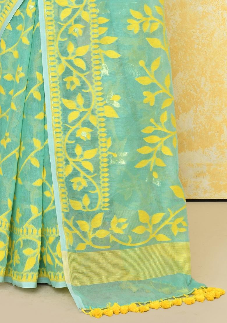 Light Turquoise Embroidered Cotton Silk Saree
