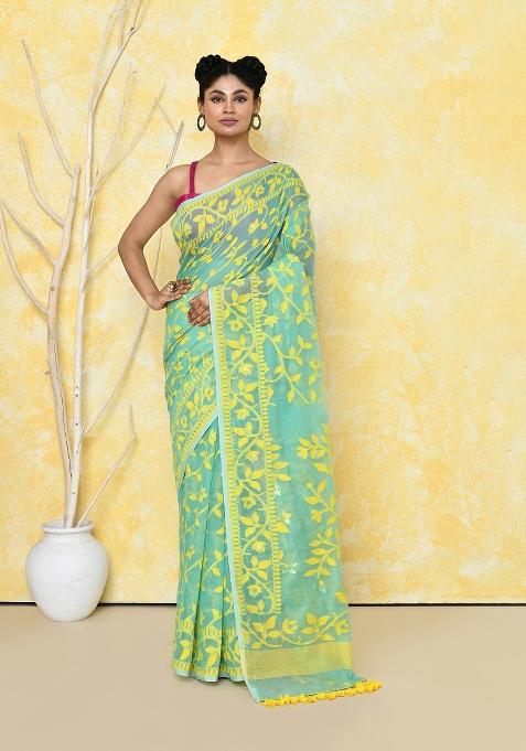 Light Turquoise Embroidered Cotton Silk Saree