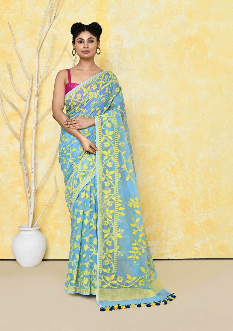 Sky Blue Cotton Silk Blend Saree with Embroidered for Diwali | Wedding & Festive Wear - Indya