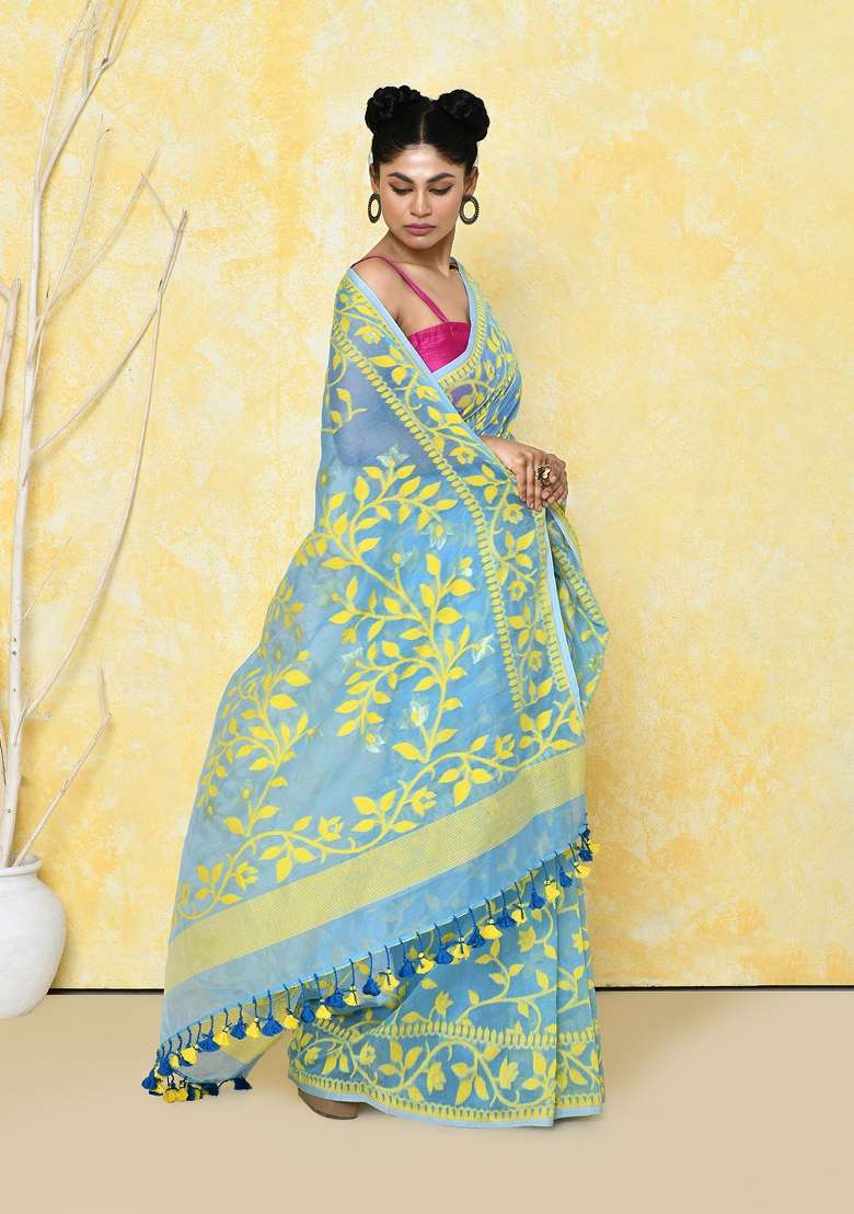 Sky Blue Cotton Silk Blend Saree with Embroidered for Diwali | Wedding & Festive Wear - Indya