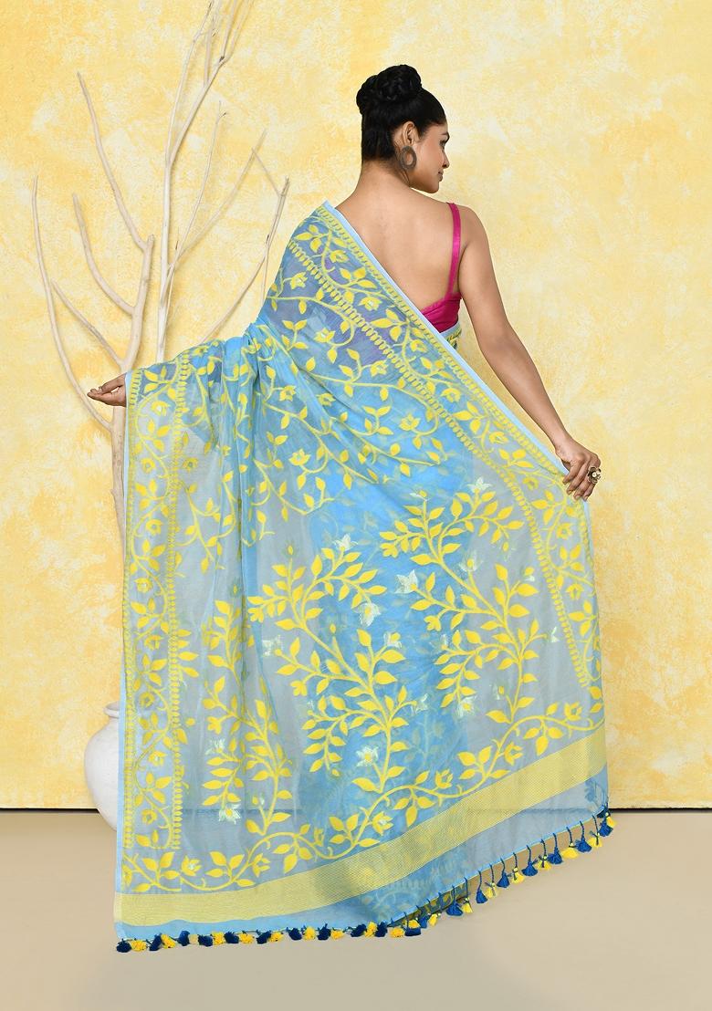 Sky Blue Embroidered Cotton Silk Saree