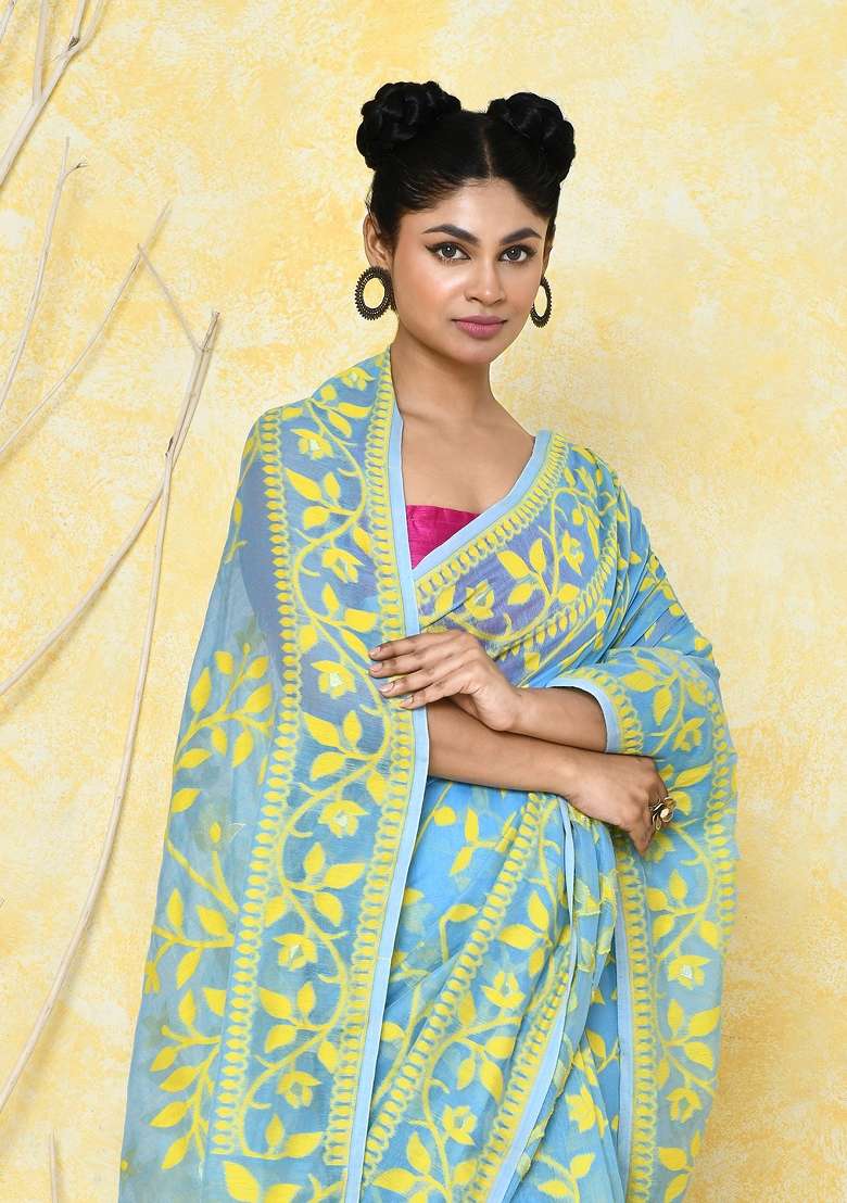 Sky Blue Cotton Silk Blend Saree with Embroidered for Diwali | Wedding & Festive Wear - Indya