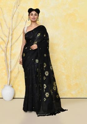 Black Embroidered Cotton Silk Saree