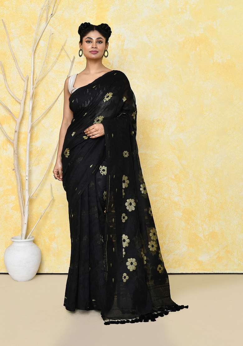 Black Cotton Silk Blend Saree with Embroidered for Diwali | Wedding & Festive Wear - Indya