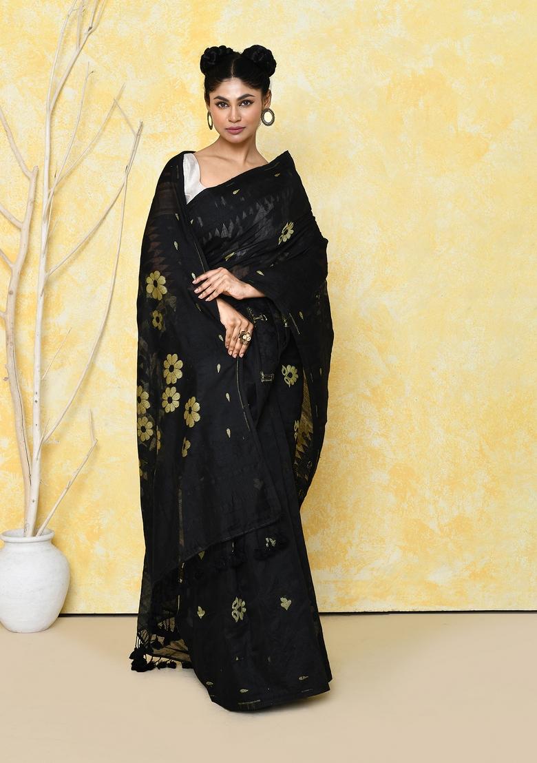 Black Embroidered Cotton Silk Saree