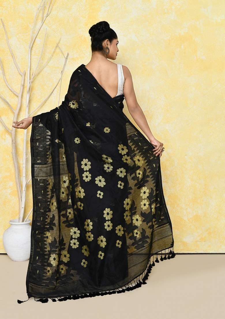 Black Cotton Silk Blend Saree with Embroidered for Diwali | Wedding & Festive Wear - Indya