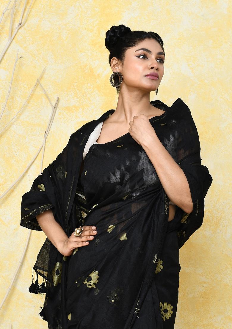 Black Embroidered Cotton Silk Saree