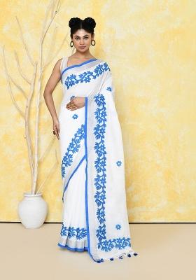 White Embroidered Cotton Saree Set