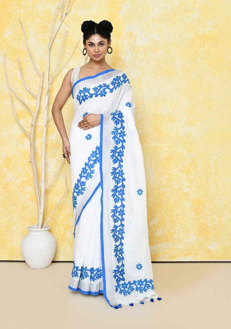 White Embroidered Cotton Saree Set - Indya