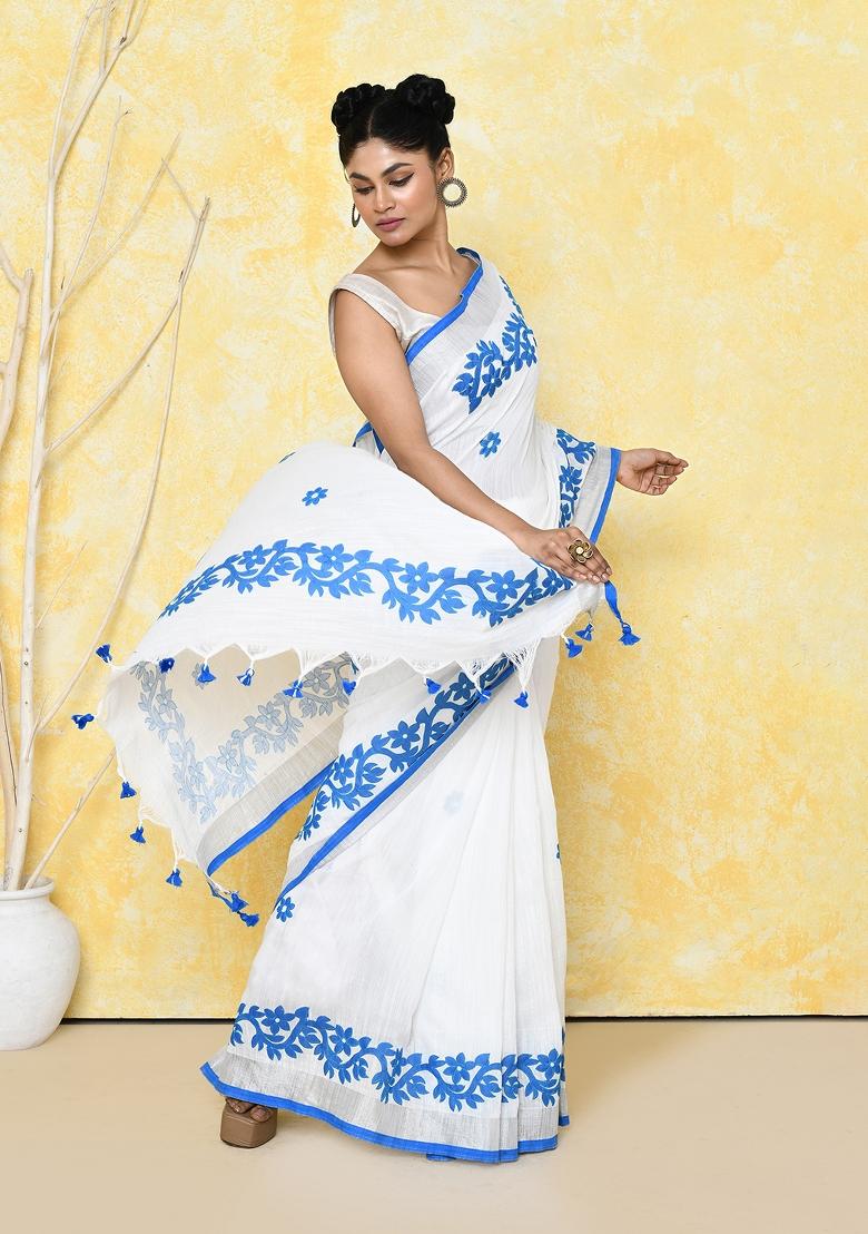 White Embroidered Cotton Saree Set