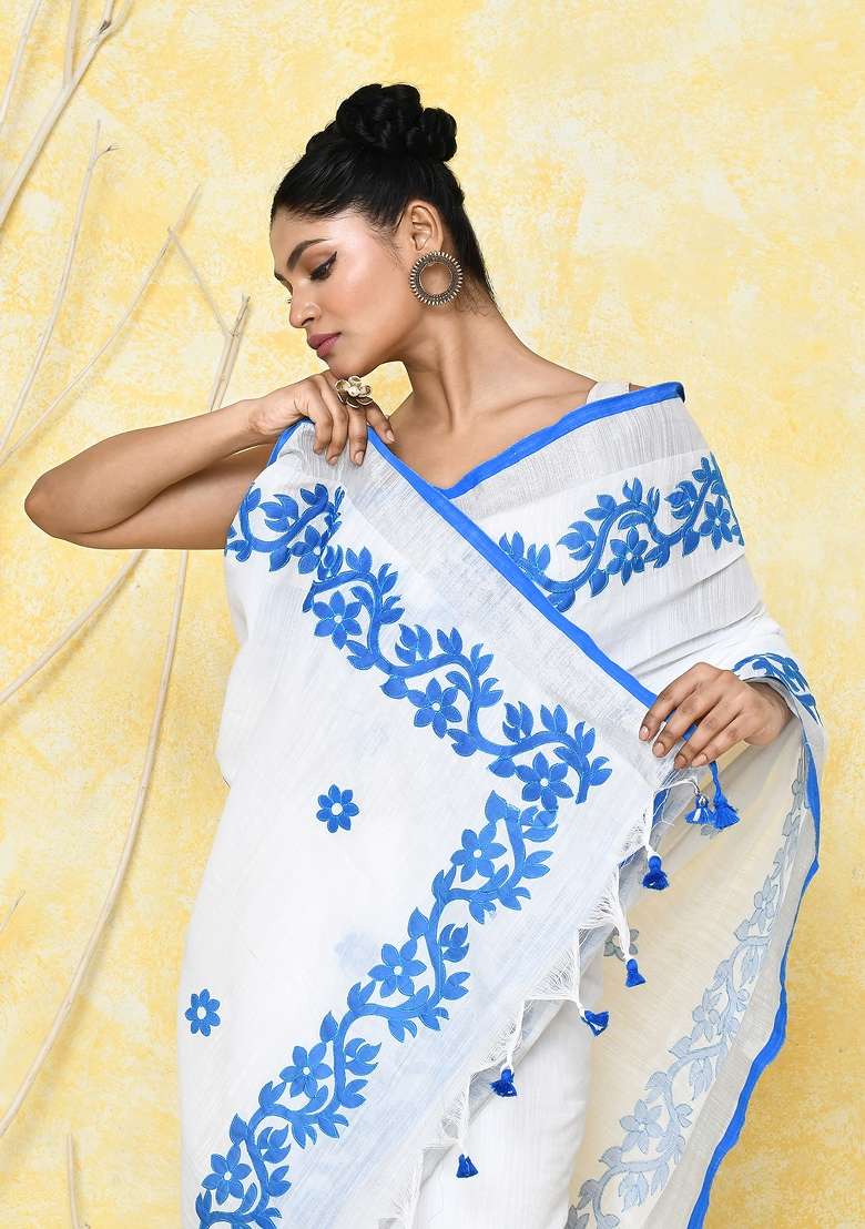 White Embroidered Cotton Saree Set - Indya