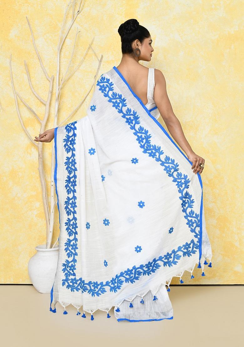 White Embroidered Cotton Saree Set