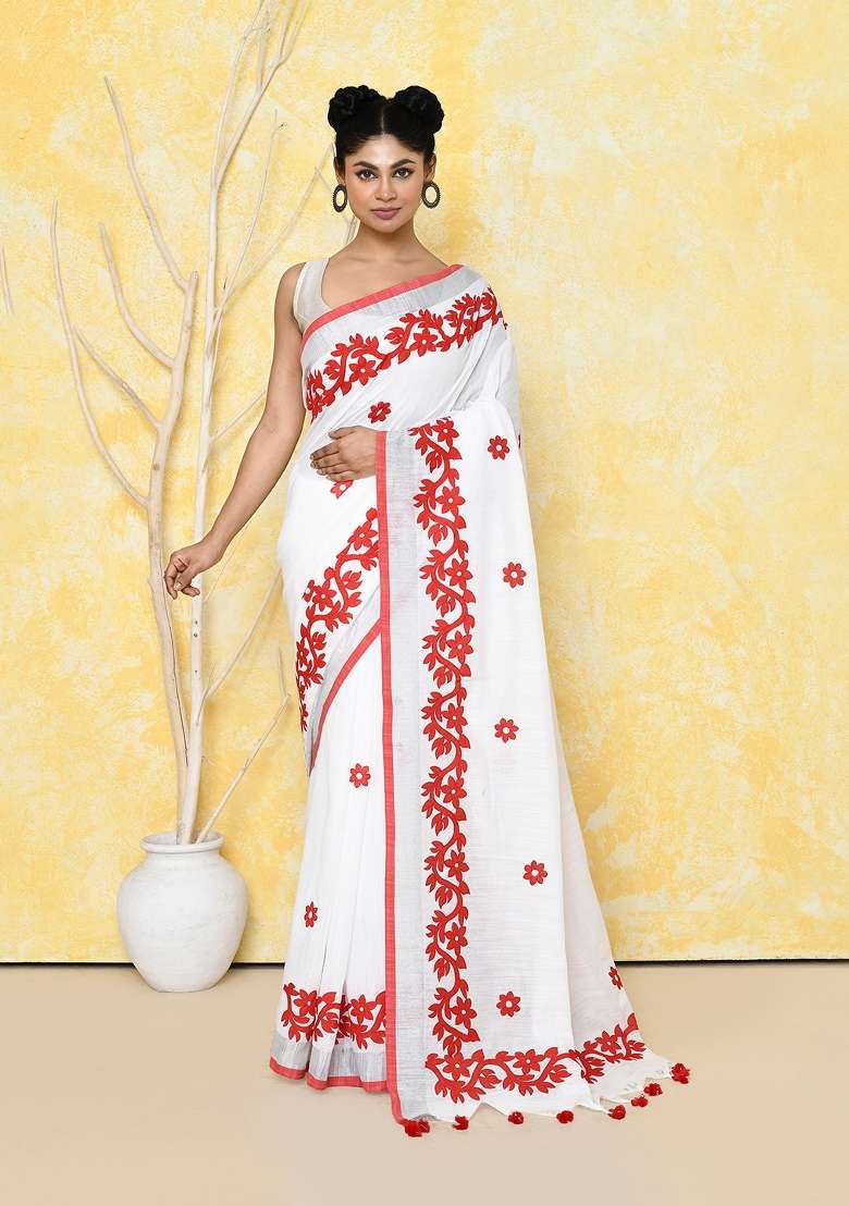 White Embroidered Cotton Saree Set - Indya