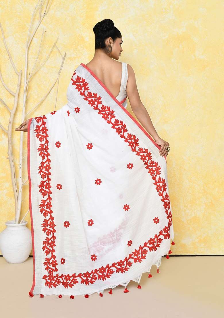 White Embroidered Cotton Saree Set - Indya