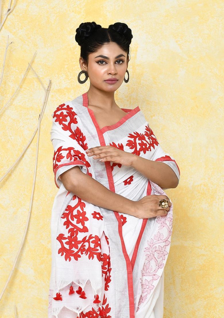 White Embroidered Cotton Saree Set
