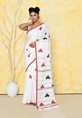 White Embroidered Cotton Saree Set