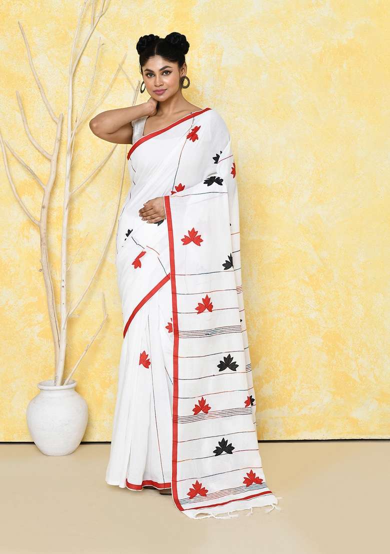 White Embroidered Cotton Saree Set - Indya