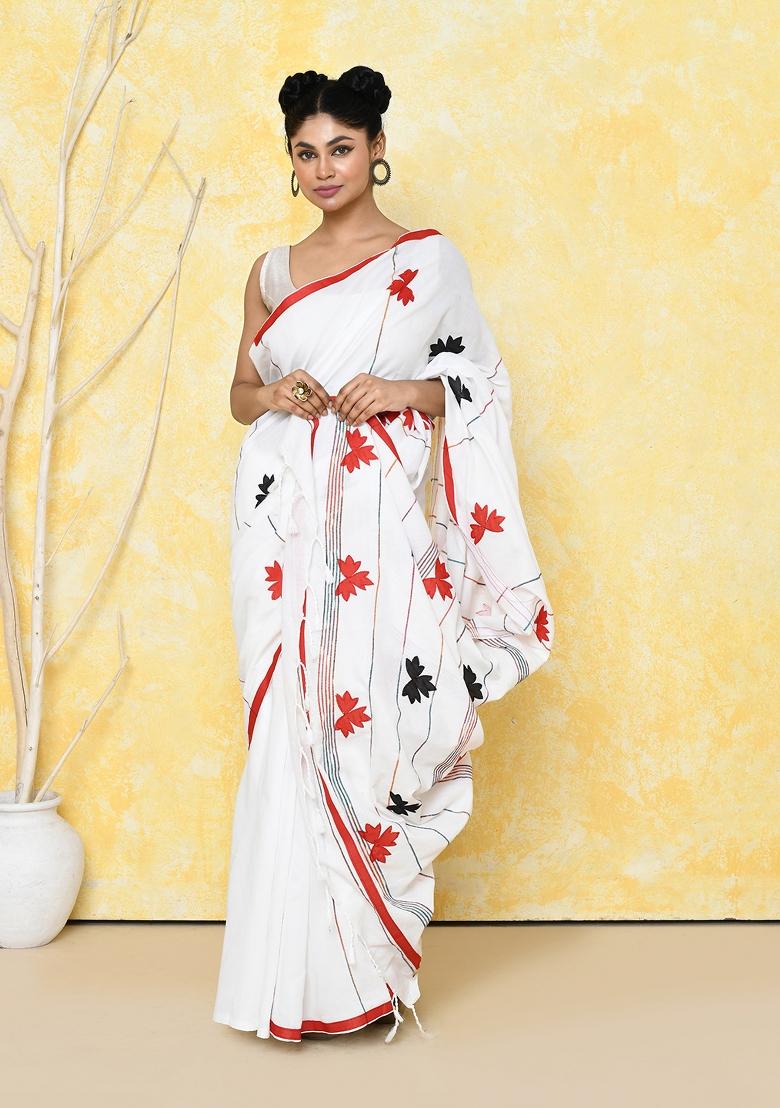 White Embroidered Cotton Saree Set