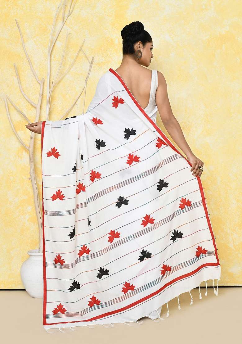 White Embroidered Cotton Saree Set - Indya